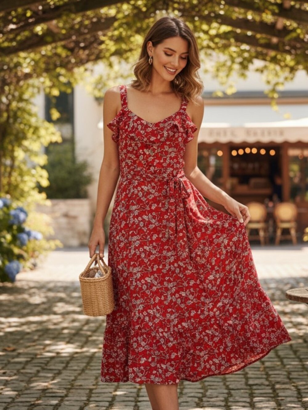 Banana Republic Red Floral Ruffle Midi Dress Size 10 - Picture 4 of 7